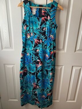 VINTAGE Hilo Hattie Tropical Blue Leaf Floral Cotton Sleeveless Maxi Sun Dress16